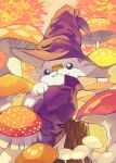  absurdres bright_pupils closed_mouth clothed_pokemon commentary_request day gara_(qbeuxvii22) hat highres mushroom no_humans outdoors pokemon pokemon_(creature) purple_headwear purple_robe robe scorbunny sitting sitting_on_tree_stump smile tree_stump white_pupils wizard_hat 