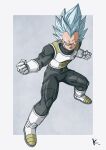  1boy armor black_jumpsuit blue_eyes blue_hair boots breastplate clenched_hands dragon_ball dragon_ball_super full_body gloves highres jumpsuit kakeru_(dbskakeru) looking_at_viewer male_focus simple_background solo spiky_hair super_saiyan super_saiyan_blue toriyama_akira_(style) vegeta white_footwear white_gloves 