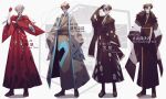  4boys absurdres bandages bandages_over_eyes black_coat black_gloves black_hair black_kimono blindfold blue_eyes brown_eyes brown_hair closed_mouth coat commentary_request e.g.o_(project_moon) employee_(lobotomy_corporation) extra_eyes fur-trimmed_coat fur_trim glasses gloves green_eyes grey_coat grey_eyes grey_hair grey_kimono highres japanese_clothes kimono lobotomy_corporation long_sleeves male_focus mask mask_on_head multiple_boys open_clothes open_coat open_mouth project_moon red_footwear red_gloves red_kimono sandals short_hair smile translation_request wide_sleeves yasuihiruya 