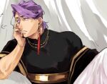  1boy black_shirt bored duryodhana_(fate) earrings facial_hair fate/grand_order fate_(series) goatee goatee_stubble hand_on_own_face indian_clothes jewelry looking_at_viewer looking_to_the_side male_focus margot_431 mature_male muscular muscular_male necklace purple_hair sash shirt short_hair single_earring upper_body violet_eyes 
