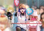  1boy 2girls black_thighhighs blonde_hair blue_shirt blue_skirt blurry blurry_background breasts brown_hair brown_headwear camera commentary_request disguise funi_mu9 glasses hand_on_another&#039;s_head hat highres holding holding_camera holding_phone hoshino_ai_(oshi_no_ko) long_hair looking_at_another looking_at_viewer multiple_girls off_shoulder open_mouth oshi_no_ko people phone pink_skirt puffy_sleeves purple_hair saitou_ichigo saitou_miyako shirt skirt sunglasses symbol-shaped_pupils taking_picture thigh-highs towel towel_around_neck upper_body violet_eyes white_headwear wide_sleeves 