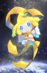  clothed_pokemon highres jirachi looking_at_viewer no_humans nullma open_mouth outdoors pokemon pokemon_(creature) scarf signature solo yellow_scarf 