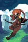  1girl belt bird boots bow_(weapon) braid brown_hair cape elden_ring flower full_body gloves grass green_eyes hair_ornament hair_scrunchie highres leather mask minimilieu owl pink_flower pixel_art scrunchie solo tarnished_(elden_ring) thick_eyebrows tree weapon 