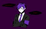  armband black_sweater brown_eyes closed_eyes collared_shirt commentary english_commentary lobotomy_corporation male_focus necktie open_mouth project_moon purple_armband purple_background purple_hair purple_necktie shirt short_hair simple_background solo_a speech_bubble sweat sweater translation_request turtleneck turtleneck_sweater white_shirt yesod_(project_moon) 