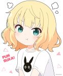  1girl :t anko_(gochiusa) blonde_hair character_print closed_mouth collarbone commentary_request gochuumon_wa_usagi_desu_ka? green_eyes kirima_syaro looking_at_viewer mitya partial_commentary romaji_text shirt short_sleeves simple_background solo translation_request twitter_username upper_body v-shaped_eyebrows white_background white_shirt 