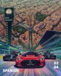  2023 2boys absurdres andrew_mytro barcelona car formula_one george_russell helmet highres lewis_hamilton light_trail mercedes-benz mercedes-benz_amg_gt motion_blur motor_vehicle multiple_boys official_art promotional_art race_vehicle racecar real_life tree vehicle_focus 