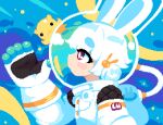  1girl animal_ears astronaut blush fish gloves hair_ornament helmet minimilieu original pixel_art rabbit_ears rabbit_girl rabbit_hair_ornament red_eyes short_hair solo_focus space_helmet spacesuit squid thick_eyebrows white_hair 