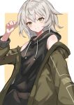  1girl breasts feet_out_of_frame green_jacket grey_hair highres hood hoodie jacket looking_at_viewer open_clothes open_jacket original smile solo teeth touchika yellow_eyes 