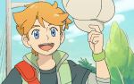  1boy blue_eyes goshogawara_elm green_wristband hat holding holding_clothes holding_hat male_child male_focus open_mouth orange_hair original outdoors sky smile solo teeth upper_teeth_only 