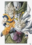  3boys blonde_hair blue_eyes cape cell_(dragon_ball) clenched_hands dragon_ball dragon_ball_z father_and_son highres jumpsuit kakeru_(dbskakeru) looking_at_viewer male_focus multiple_boys orange_jumpsuit perfect_cell purple_jumpsuit red_eyes shoes simple_background sleeveless son_gohan son_goku spiky_hair super_saiyan toriyama_akira_(style) white_cape 