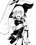  1girl blush commentary flying_sweatdrops greyscale hanokami high_contrast highres holding holding_umbrella juliet_sleeves karakasa_obake long_sleeves looking_at_viewer monochrome open_mouth puffy_sleeves shirt short_hair simple_background skirt solo tatara_kogasa tongue touhou umbrella vest 