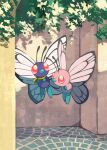  absurdres alternate_color bright_pupils butterfree commentary_request day fangs flying gara_(qbeuxvii22) highres no_humans outdoors pink_eyes pokemon pokemon_(anime) pokemon_(classic_anime) pokemon_(creature) scarf shadow white_pupils yellow_scarf 