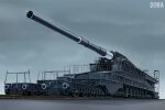  artillery cannon commentary_request crane_(machine) english_text grey_background highres kcme ladder military no_humans original railing railroad_tracks railway_gun schwerer_gustav self-propelled_artillery simple_background vehicle_focus vehicle_name 