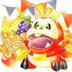  apple artist_name banana basket black_eyes colored_pencil_(medium) food fruit fuecoco full_body fullmofsuika grapes looking_at_viewer no_humans open_mouth orange_(fruit) pokemon pokemon_(creature) standing string string_of_fate traditional_media 