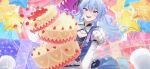 1girl :d absurdres artist_logo balloon blue_eyes blue_hair cake cleavage_cutout clothing_cutout confetti dress floating_hair food fruit gem hair_between_eyes happy_birthday highres holding holding_cake holding_food holding_plate hololive hoshimachi_suisei hoshimachi_suisei_(stellar_into_the_galaxy) juliet_sleeves long_hair long_sleeves looking_at_viewer mercs_(kapebeovorus) open_mouth plate puffy_sleeves smile solo star_(symbol) star_balloon star_in_eye strawberry strawberry_cake symbol_in_eye teeth twitter_username upper_body upper_teeth_only virtual_youtuber