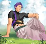  1boy black_shirt cropped_shirt duryodhana_(fate) facial_hair fate/grand_order fate_(series) fusso_oekaki goatee goatee_stubble highres indian_clothes looking_at_viewer male_focus mature_male on_grass outdoors purple_hair shirt short_hair sitting smile solo violet_eyes 