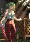  1girl ascot collared_shirt commentary_request feet_out_of_frame highres holding holding_umbrella kaden_(muxt8423) kazami_yuuka light_rays looking_at_viewer outdoors pants plaid plaid_pants red_eyes red_pants red_umbrella shirt sleeveless sleeveless_shirt solo touhou umbrella white_shirt yellow_ascot 