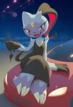  absurdres black_dress car clothed_pokemon dress highres holding holding_key inkune key looking_at_viewer motor_vehicle night night_sky no_humans open_mouth outdoors pokemon pokemon_(creature) sky sneasler solo 