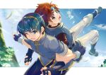  2boys back-to-back blue_eyes blue_hair blue_pants blue_shirt boots fingerless_gloves fire_emblem gloves headband highres locked_arms marth_(fire_emblem) multiple_boys one_eye_closed open_mouth pants redhead roy_(fire_emblem) shirt short_hair tiara white_pants yuki_(yuki2061) 