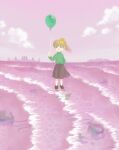  1girl arm_behind_back balloon beach black_footwear black_skirt blodne_hair closed_mouth clouds commentary_request floating_hair green_eyes green_sweater hand_up highres holding holding_balloon horizon island long_hair long_sleeves looking_at_viewer niwasakino_daei ocean pink_sky pink_water poniko ponytail shoes signature skirt sky smile socks solo standing standing_on_liquid straight-on sweater turtleneck turtleneck_sweater waves white_socks wide_shot yume_nikki 