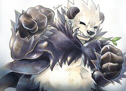  artist_name black_eyes clenched_hand fullmofsuika grin highres looking_at_viewer mouth_hold no_humans pangoro pokemon pokemon_(creature) pokemon_(game) pokemon_xy smile solo standing teeth 