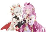  2girls blue_eyes closed_eyes elysia_(honkai_impact) hair_between_eyes hair_ornament hair_rings hair_up highres holding honkai_(series) honkai_impact_3rd kiana_kaslana long_hair multiple_girls open_mouth pink_hair pointy_ears simple_background white_background white_hair yuri 