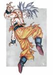  1boy baggy_pants dragon_ball dragon_ball_super full_body highres kakeru_(dbskakeru) looking_at_viewer male_focus orange_pants pants simple_background solo son_goku spiky_hair topless_male toriyama_akira_(style) torn_clothes ultra_instinct white_eyes white_hair 