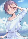  1girl ahoge asakura_toru bare_shoulders blue_eyes blue_hair blue_sky closed_mouth clouds collarbone commentary cowboy_shot day dress gradient_hair idolmaster idolmaster_shiny_colors multicolored_hair noa_82g ocean off-shoulder_dress off_shoulder one_eye_closed outdoors parted_bangs puffy_sleeves purple_hair shading_eyes short_hair sidelocks sky solo spaghetti_strap sundress white_dress 
