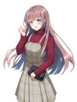  1girl absurdres aqua_eyes bag blush brown_hair dress feet_out_of_frame hand_up handbag highres holding holding_bag long_hair long_sleeves looking_at_viewer open_mouth original simple_background smile solo sweater touchika turtleneck turtleneck_sweater white_background 