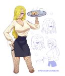  1girl absurdres angry blonde_hair blue_eyes cooking curly_eyebrows earrings envi2hands food genderswap genderswap_(mtf) hair_over_one_eye hand_on_own_hip highres holding holding_food jewelry long_hair one_piece rice sanji_(one_piece) signature water 