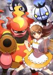  1girl 2others :o absurdres apron blush brown_footwear brown_hair chandelure clenched_hand collared_dress commentary_request dress floating_hair fog frills hair_between_eyes headdress highres holding holding_tray long_hair looking_at_viewer magmortar multiple_others open_mouth pokemon pokemon_(creature) pokemon_(game) pokemon_bw pon_yui puffy_sleeves shoes short_sleeves socks tray waist_apron waitress waitress_(pokemon) white_apron white_socks 