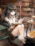  1girl absurdres black_hair book book_stack bookshelf bread brown_eyes chair coffee_mug collared_shirt cup denim denim_shorts food highres knees_up mug open_book original reading shirt short_hair shorts sitting solo spoon sweater touchika wooden_chair 