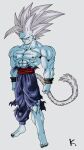  1boy barefoot blue_pants dragon_ball dragon_ball_super dragon_ball_super_super_hero full_body gohan_beast highres kakeru_(dbskakeru) male_focus muscular muscular_male pants red_eyes simple_background solo son_gohan spiky_hair topless_male toriyama_akira_(style) torn_clothes white_background white_hair 