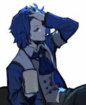  1boy annoyed ascot blue_ascot blue_coat blue_hair chesed_(project_moon) coat cup grey_vest hand_in_own_hair holding holding_cup lobotomy_corporation long_sleeves looking_to_the_side male_focus medium_hair mug nishikujic parted_lips project_moon simple_background solo vest white_background yellow_eyes 