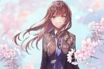  1girl brown_eyes brown_hair collared_shirt flower jacket long_hair looking_at_viewer necktie open_mouth original petals scenery shirt solo teeth touchika tree upper_body upper_teeth_only 