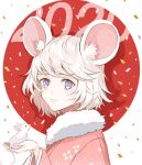  1girl 2020 absurdres animal animal_ear_fluff animal_ears blue_eyes confetti expressionless happy_new_year highres holding holding_animal japanese_clothes kimono looking_at_viewer mouse mouse_ears mouse_girl nengajou new_year original pink_kimono short_hair solo_focus tail touchika upper_body white_hair 