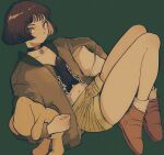  1girl black_choker brown_eyes brown_footwear brown_hair brown_jacket buckle choker full_body green_background jacket legs leon_the_professional mathilda_lando natalie_portman navel pikurusu shorts simple_background solo stuffed_animal stuffed_toy 