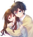  :d ahoge black_hair blue_eyes blush brown_hair closed_mouth collared_shirt commentary couple grey_sweater hand_on_another&#039;s_arm hand_on_another&#039;s_shoulder hetero highres hori-san_to_miyamura-kun hori_kyouko hug long_hair long_sleeves looking_at_viewer miyamura_izumi nyaa_(nnekoron) open_mouth orange_eyes school_uniform shirt short_hair simple_background smile sweater white_background 