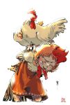  1girl bird bird_wings chicken closed_eyes highres kokechankokko leaning_forward looking_down multicolored_hair niwatari_kutaka orange_hair orange_skirt shirt skirt sweat touhou two-tone_hair white_background white_shirt wings 