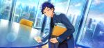  1boy belt blue_coat blue_hair blush brown_belt building buttons chair clouds coat cowboy_shot dark_blue_hair ensemble_stars! fingernails fushimi_yuzuru happy_elements holding lapels long_sleeves looking_at_viewer male_focus mole mole_under_eye notched_lapels official_art short_bangs short_hair smile solo table teeth third-party_source violet_eyes window 