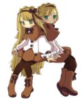  1boy 1girl aqua_eyes blonde_hair boots braid brown_capelet brown_footwear brown_hairband brown_pantyhose brown_ribbon brown_skirt buttons capelet closed_mouth commentary_request crown_braid footwear_ribbon frilled_sleeves frills full_body green_eyes hair_ribbon hairband highres invisible_chair kulenoa lobotomy_corporation long_hair long_sleeves matching_outfits miniskirt neck_ribbon pantyhose pleated_skirt project_moon ribbon shirt simple_background sitting skirt smile tiphereth_a_(project_moon) tiphereth_b_(project_moon) very_long_hair white_background white_shirt 