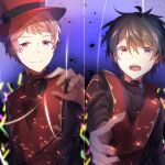  2boys blue_eyes buttons closed_mouth commentary_request ensemble_stars! fingernails hat heterochromia itsuki_shu kagehira_mika male_focus multiple_boys official_alternate_costume open_mouth partial_commentary pink_hair short_bangs short_hair string tears teeth top_hat upper_body upper_teeth_only valkyrie_(ensemble_stars!) violet_eyes yam_niku yellow_eyes 