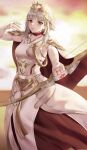  1girl absurdres amayo_thranana blush bow_(weapon) breasts bridal_gauntlets cape dress feet_out_of_frame fire_emblem fire_emblem_fates fire_emblem_heroes grey_hair highres holding holding_bow_(weapon) holding_weapon long_dress looking_at_viewer medium_breasts priestess red_eyes solo veronica_(fire_emblem) weapon 