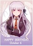  1girl black_gloves black_ribbon braid collared_shirt cropped_torso danganronpa:_trigger_happy_havoc danganronpa_(series) dated gloves hair_ribbon happy_birthday highres jacket kirigiri_kyoko kirin_(suzoke_1) light_purple_hair long_hair long_sleeves necktie open_clothes open_jacket orange_necktie purple_jacket ribbon shirt smile solo violet_eyes white_shirt zipper_pull_tab 