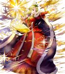  1girl asatani_tomoyo blonde_hair book breasts cape crown detached_sleeves dress fire_emblem fire_emblem:_the_binding_blade fire_emblem_heroes floating floating_object frills full_body fur_trim gem glowing gold_trim green_eyes guinevere_(fire_emblem) hair_bun hand_up highres jewelry long_dress long_hair long_sleeves magic medium_breasts necklace non-web_source official_art open_book open_mouth puffy_sleeves red_dress solo sparkle transparent_background 