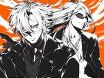  artist_name black_coat black_jacket blonde_hair blue_eyes coat collarbone daybit_sem_void fate/grand_order fate_(series) highres jacket jewelry long_hair looking_at_viewer looking_to_the_side male_focus meteola00 monochrome multiple_boys necklace open_clothes open_jacket shirt short_hair sunglasses tezcatlipoca_(fate) trench_coat upper_body violet_eyes white_shirt 