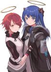  2girls arknights blue_eyes blue_hair blush exusiai_(arknights) fingerless_gloves gloves hair_over_one_eye halo horns jacket mostima_(arknights) multiple_girls open_clothes open_jacket red_eyes redhead simple_background smile touchika white_background 