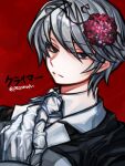  1boy black_eyes black_jacket bright_pupils closed_mouth collared_shirt commentary_request e.g.o_(project_moon) employee_(lobotomy_corporation) flower grey_hair grey_pupils hair_flower hair_ornament jacket lobotomy_corporation male_focus necktie open_clothes open_jacket portrait project_moon red_flower shirt short_hair shot_(urem) solo translation_request white_necktie white_shirt 