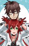  brown_hair couple glasses green_eyes guilty_gear guilty_gear_strive hands_up highres husband_and_wife jack-o&#039;_valentine jewelry kusu_(moo1225) looking_at_viewer muscular necklace pectorals redhead sol_badguy 