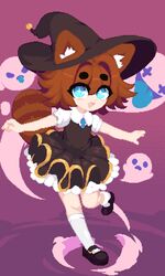  1girl animal_ear_fluff animal_ears black_dress black_footwear blue_eyes blush brown_hair dithered_background dress fang frilled_dress frills full_body ghost hat looking_at_viewer minimilieu open_mouth original outstretched_arms pixel_art purple_background raccoon_tail short_sleeves smile socks standing standing_on_one_leg star-shaped_pupils star_(symbol) symbol-shaped_pupils tail thick_eyebrows tongue tongue_out two-tone_background white_socks witch witch_hat 